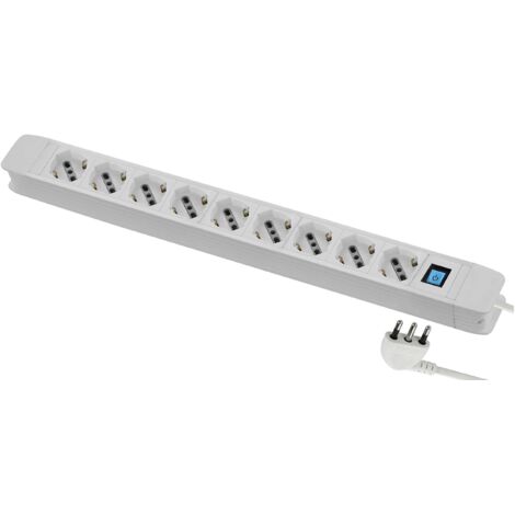 Multipresa 9 Posti polivalenti (schuko + 10/16A) di grossa robustezza, Cavo 2 metri, con sistema avvolgi cavo integrato, Spina 90° salvaspazio, 16A