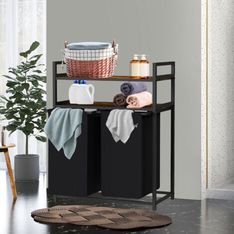 Panier à linge Zelsius 2 compartiments, noir, 73 x 33 x 91 cm, panier à linge avec étagère, bac à linge sale