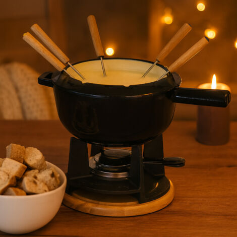 Service à Fondue NOMAR Complet : Poêlon Fonte émaillée, 6 Piques, 6 Assiettes