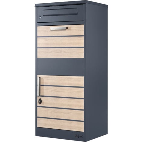 Zelsius Boîte aux lettres avec compartiment pour paquet Terra  en acier revêtu par poudrage  RAL7016 et aspect bois, protection anti-vol