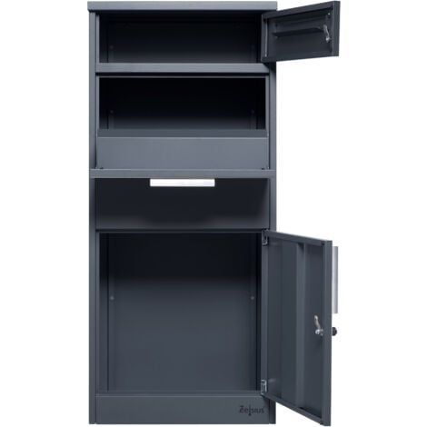 Zelsius Boîte aux lettres avec compartiment pour paquet Terra  en acier revêtu par poudrage  RAL7016 et aspect bois, protection anti-vol