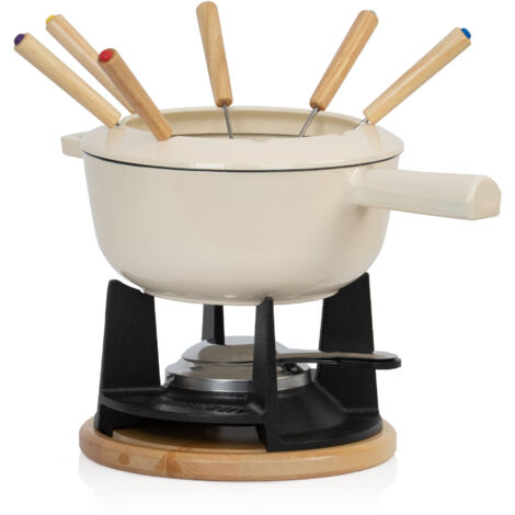 Appareil à fondue 13 pièces en fonte émaillée pour 6 personnes – 2 L – Brûleur en fonte – Fourchettes en bois avec marquages colorés – Mahlzeit