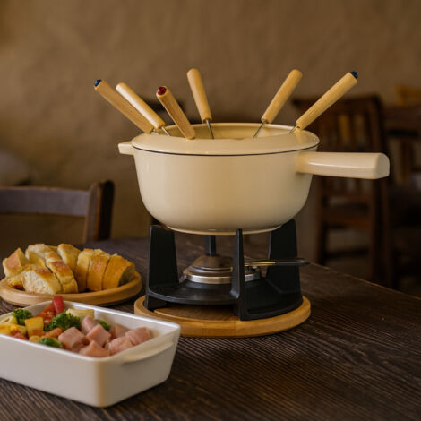 Service à fondue 6 personnes en fonte émaillée - Très stable - Brûleur à pâte combustible