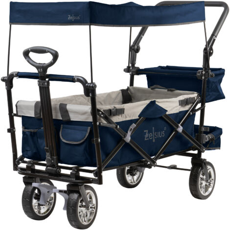 Zelsius – Chariot de jardin pliable à pédales avec toit – Charge maximale 90 kg – Dimensions 55x120x98 cm – Système de ceinture intégré – Roues pivotantes 360°
