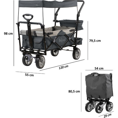 Zelsius Bollerwagen pliable avec toit, vert / gris, chariot de transport avec système de sangles, chariot de plage