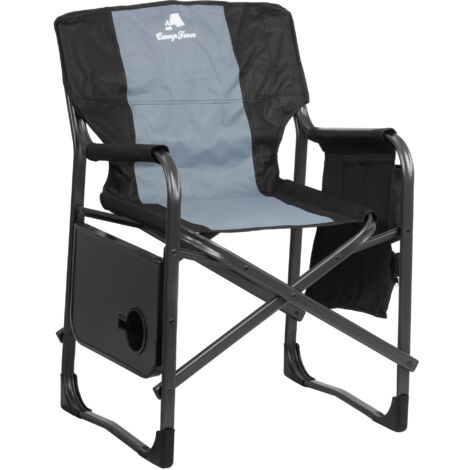 Chaise de camping pliante grise avec table dépliable – Structure en acier – Hauteur d'assise 44,5 cm – Charge maximale 150 kg – Campfeuer