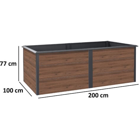 Plates-bandes surélevées Zelsius pour le jardin, anthracite RAL 7016, 200 x 100 x 77 cm, aspect bois de noyer, potager.