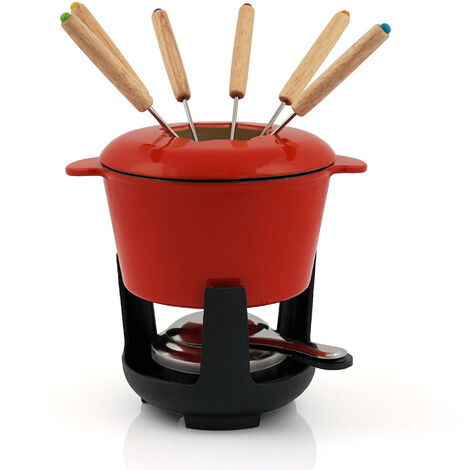 Bbq-Toro – Appareil à fondue en fonte émaillée rouge 1 Litre pour 6 personnes – Compatible tous feux – Bague anti-éclaboussures – Conteneur de pâte combustible