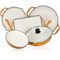 Mahlzeit Set de 5 poêles en fonte, Sunny Orange, poêles à griller, plaque de gril et poêle à paella