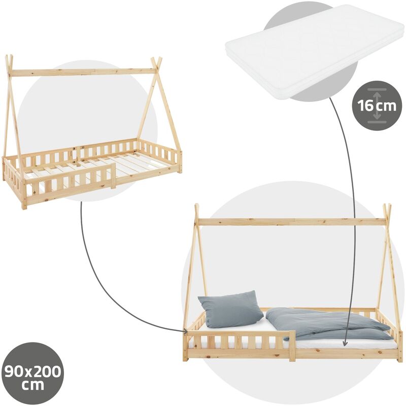 ML-Design Lettino per Bambini a Forma di Casa con Tetto e Rete a Doghe 80 x  160 cm Letto da Gioco in Legno di Pino Massiccio Naturale Stile Montessori con  Materasso Sfoderabile