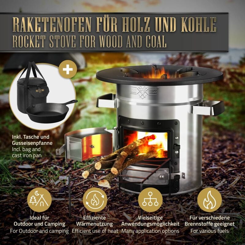 BBQBOSS Forno da Campeggio Rocket Stove con Padella e Piastra per Grigliare  in Ghisa Forno BBQ in Acciaio Argento Stufa a Legna con Supporto per Legna  Fornello Barbecue Camping con Borsa da