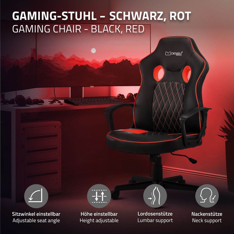 ML-Design Sedia da Gaming con Poggiapiedi Cuscino Lombare Ecopelle Nero  Rosso Poltrona da Ufficio Ergonomica e Confortevole con Braccioli  Poggiatesta Altezza Regolabile Reclinabile adatto a Gamers