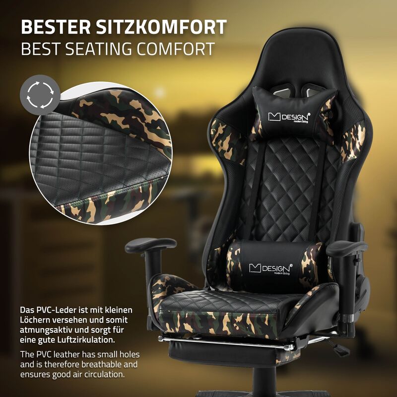 ML-Design Sedia da Gaming con Poggiapiedi Cuscino Lombare Ecopelle Nero  Camouflage Poltrona da Ufficio Ergonomica e Confortevole con Braccioli  Poggiatesta Altezza Regolabile Reclinabile per a Gamers