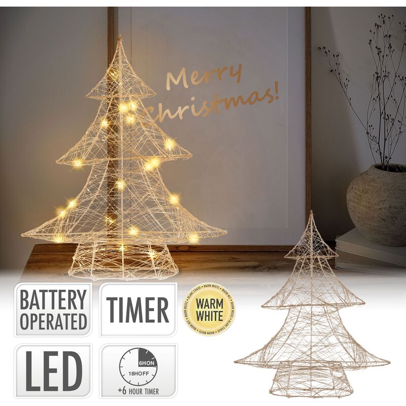 ECD Germany Albero di Natale con Illuminazione a 30 LED con Luce Bianco  Caldo Decorazione Natalizia 40 cm in Metallo Oro con Timer 6 ore ON 18 ore  OFF e Batterie Design Creativo