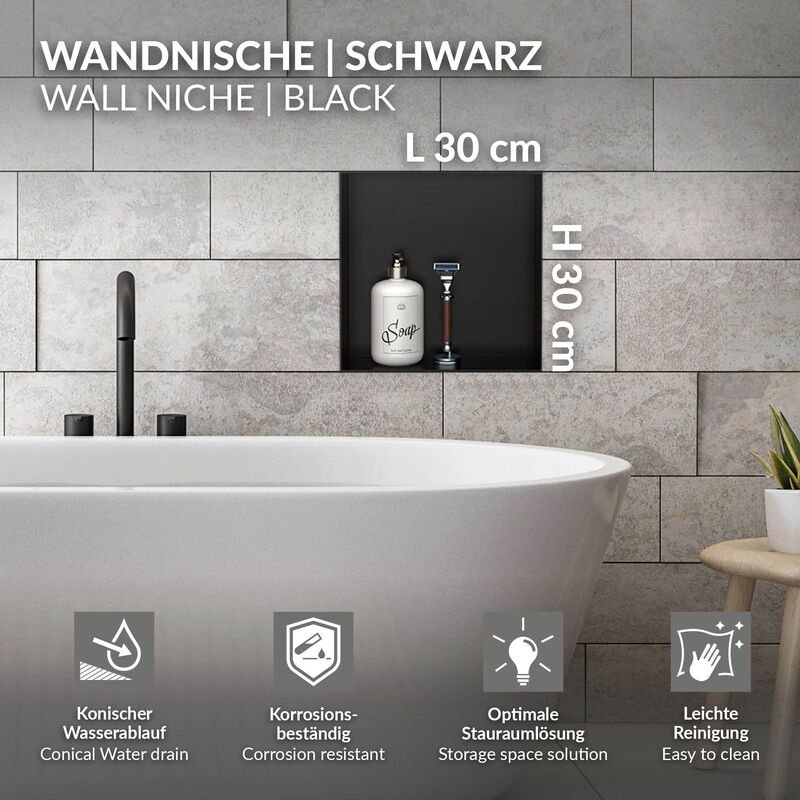 Nicchia Doccia In Acciaio Inox 304 30,5x30,5 Cm - Mensola A Parete Incasso, Colore Nero Opaco, Facile Installazione