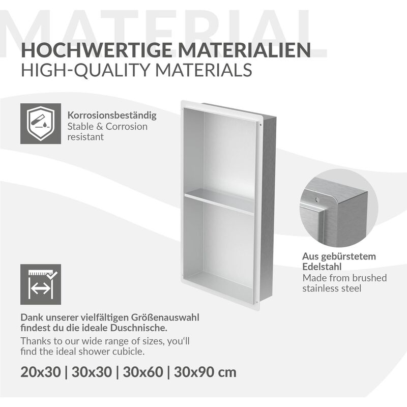 Bernkot Nicchia Doccia In Acciaio Inox 60x30x10 Cm – Doppi Ripiani, Montaggio A Muro, Colore Bianco, Portaoggetti Bagno