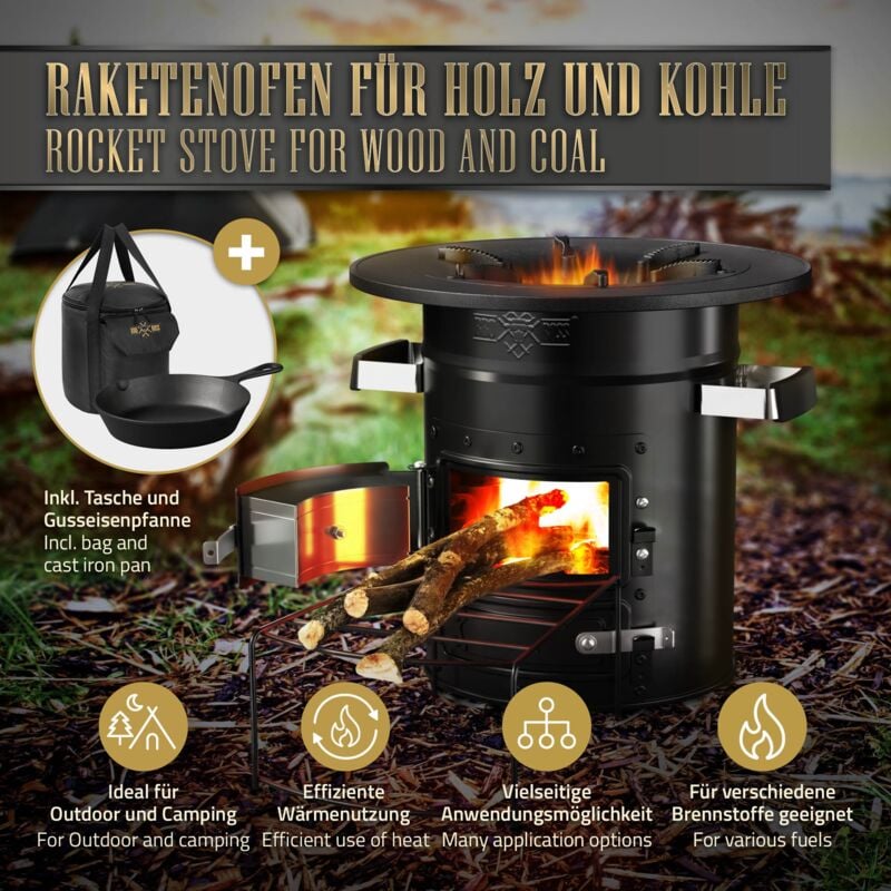 BBQBOSS Forno da Campeggio Rocket Stove con Pentola di Cottura Padella e  Piastra per Grigliare in Ghisa Forno BBQ in Acciaio Argento Stufa con  Supporto per Legna Fornello Barbecue Camping con Borsa