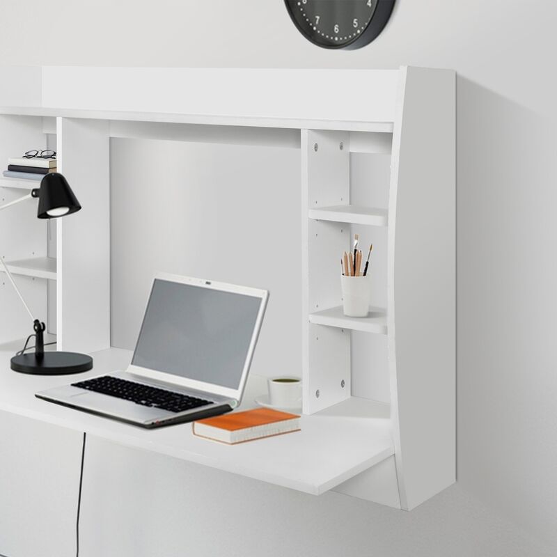 ML-Design Scrivania da Muro Sospesa Tavolo Parete da Lavoro Ufficio Studio  110 x 75 x 48 cm con Ripiano Stabile per Computer PC Portatile e Scaffali  Libreria Struttura Solida e Moderna in MDF Bianco