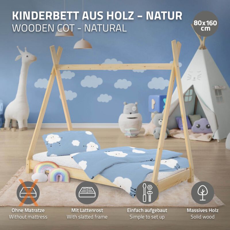 ML-Design Lettino per Bambini e Bambine Design Tepee con Rete Telaio a Doghe  80 x 160 cm Letto Basso a Forma di Tenda Indiana Giroletto in Legno di Pino  Massiccio Naturale per