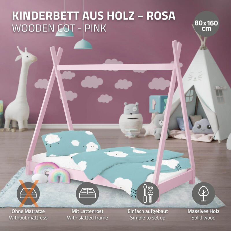 ML-Design Lettino per Bambini e Bambine Design Tepee con Rete Telaio a  Doghe 80 x 160 cm Letto Basso a Forma di Tenda Indiana Giroletto in Legno  di Pino Massiccio Rosa per