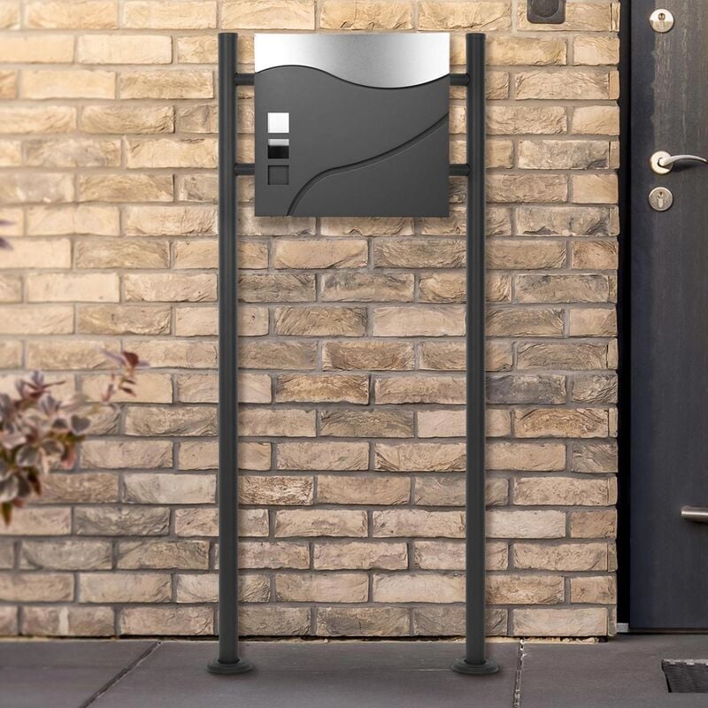 ECD Germany Cassetta Postale da Parete Design Moderno - 37x10,5x36,5 cm -  in Acciaio Inox Verniciato a Polvere - Buca Lettere a Muro con  Porta-Giornale e 2 Chiavi incl. Materiale di Montaggio Grigio