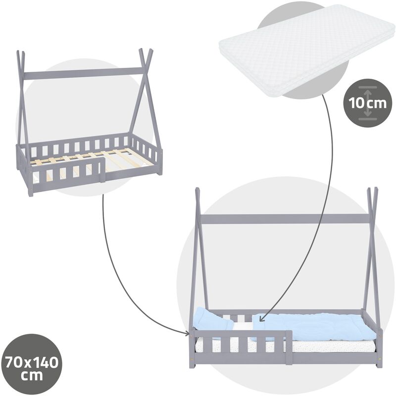 Lettino per bambini tenda indiana in legno grigio chiaro rete a doghe  160x80 cm