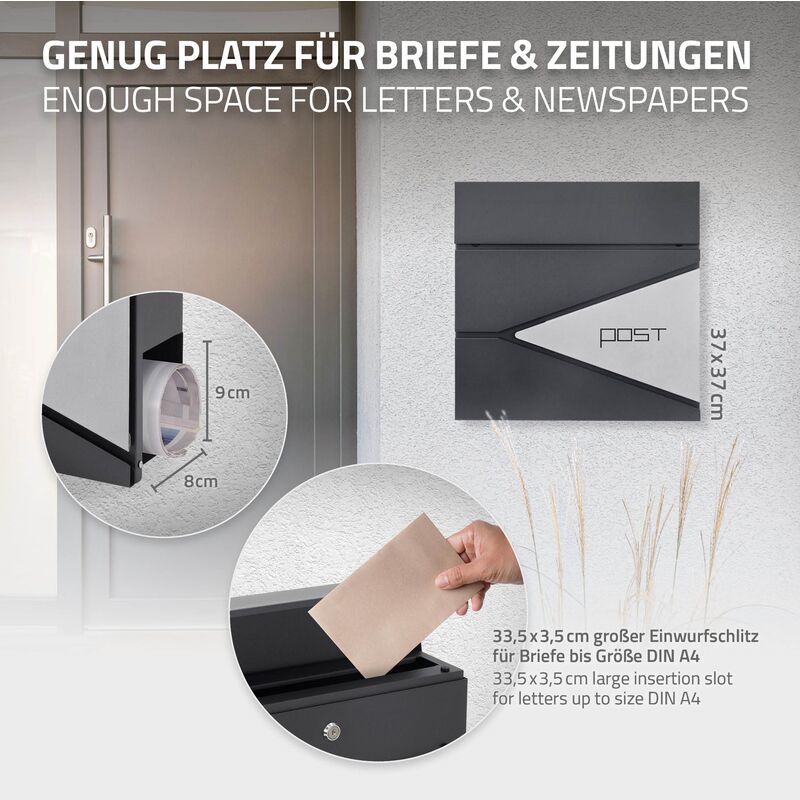 ECD Germany Cassetta Postale da Parete Design Moderno - 37x10,5x36,5 cm -  in Acciaio Inox Verniciato a Polvere - Buca Lettere a Muro con  Porta-Giornale e 2 Chiavi incl. Materiale di Montaggio Grigio