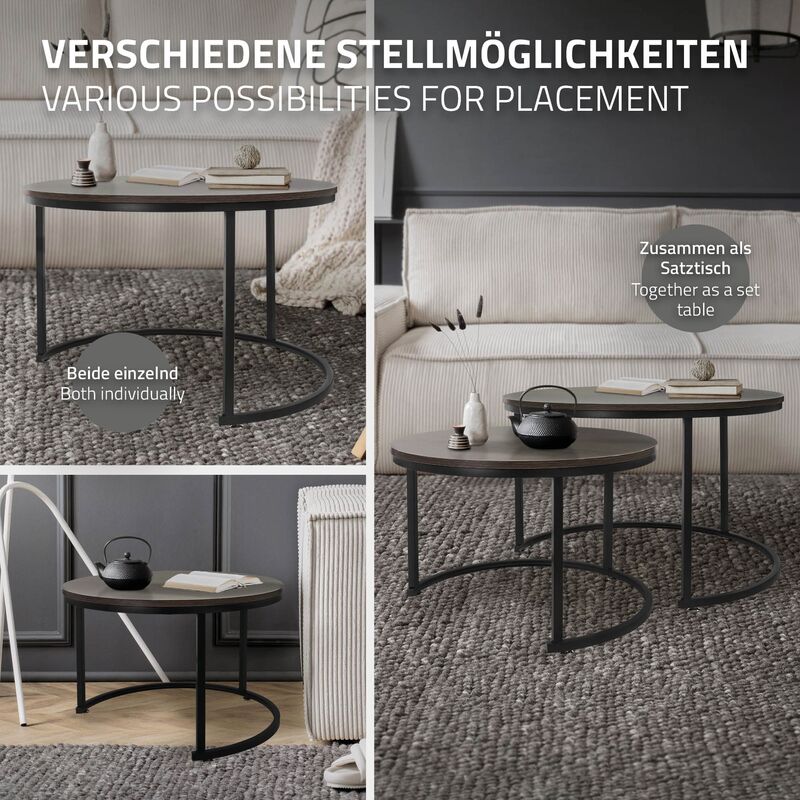 ML-DESIGN - Set Di 2 Tavolini Da Caffè Salotto Soggiorno Divano Sovrapponibili Rotondi 59x40 Cm 74x48 Cm Tavoli D Appoggio Impilabili In Mdf Rovere Scuro Struttura Telaio In Metallo Nero Moderni 4064649116849 - 8