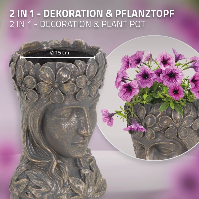 ML-Design Statua Testa Dea Fioriera 21 x 16 x 32 cm Scultura Volto di Donna  Vaso di Fiori Piante Grasse in Poliresina Bronzo Decorazione da Casa  Ufficio Giardino Ornamento per Interni/Esterni