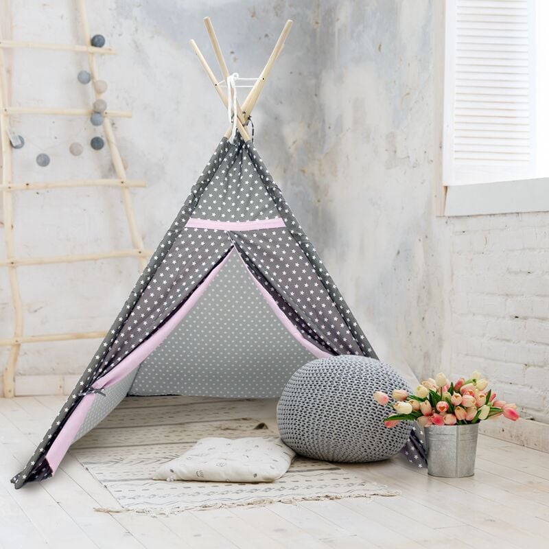 ECD Germany Tenda per Bambini Gioco Indiani Teepee - 115 x 115 x 160 cm -  in Poliestere - Casetta Portatile Giocattolo Grigio con Stampa a Stelle  Bianche da Interno Esterno con Borsa per Trasporto