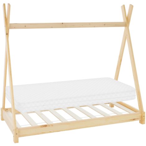 ML-Design Letto Montessori Tipi per Bambini 70 x 140 cm Naturale, in Legno di Pino Massiccio, Lettino a Terra a Forma di Tenda Indiana, Giroletto con Materasso Sfoderabile in Schiuma Fredda