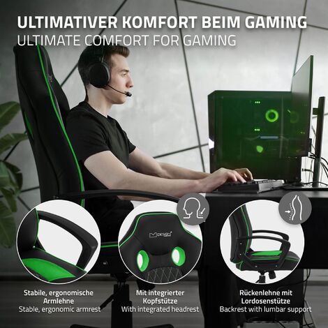 ML-Design Sedia da Gaming Ecopelle Nero Verde Poltrona da Ufficio Ergonomica  e Confortevole Braccioli Poggiatesta