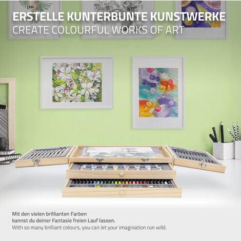 ECD Germany Set per Pittura con Valigetta in Legno 85 pezzi 3 Blocchi da  Disegno A4 Colori Acrilici e Accessori Kit Disegno Pennelli Pastelli  Acquarelli Portatile per Hobby Artisti Principianti