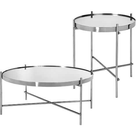 Set 2 Tavolini In Vetro Grigio Impilabili | Tavolini Rotondi Industriali Con Struttura Metallo Per Soggiorno