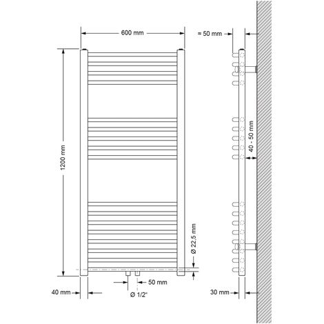 ECD Germany Termoarredo Scaldasalviette Asciugamani da Parete 600 x 1200 mm  Calorifero Antracite Attacco Centrale 50