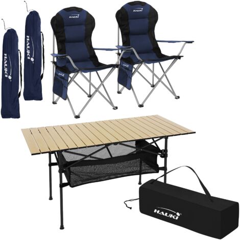Hauki Set Tavolino Beige e 2 Sedie Blu in Alluminio con Portabevande da Campeggio Pieghevole Set Camping Borsa da Trasporto Resistente alle Intemperie adatto al Esterno da Giardino Tavolo da Picnic (1/5)