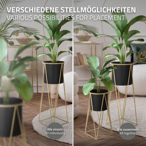 Set di 2 fioriere moderne in ottone dorato con supporto per piante in metallo, grande vaso da fiori da 18 pollici con supporti neri della metà del secolo, decorazione moderna per orchidee