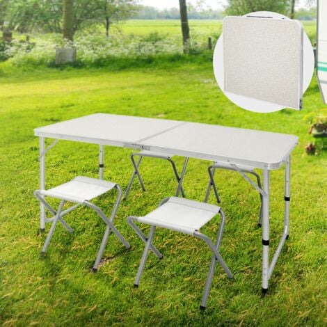 Set tavolo campeggio con 4 sedie pieghevole in alluminio 120cm bianco/crema 