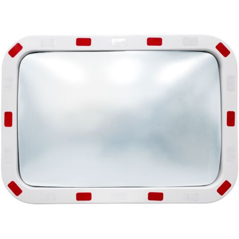 ECD Germany Specchio Stradale Convesso Rettangolare - 40 x 60 cm - in Plastica ABS - Bianco Rosso - Specchietto di Segnalazione Traffico con Riflettori Parabolico Cornice Riflettente Sicurezza Negozio