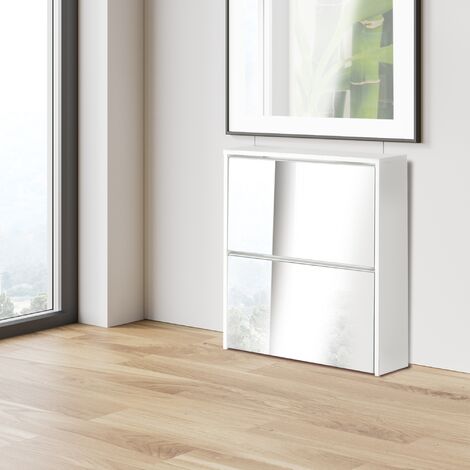Scarpiera 2 scomparti armadietto bianco con specchio da ingresso 63 x 17 x 67 cm