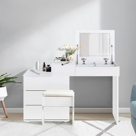 ML-Design Tavolo Cosmetico da Toilette Bianco con Specchio Pieghevole 4  Cassetti e 4 Scomparti 117