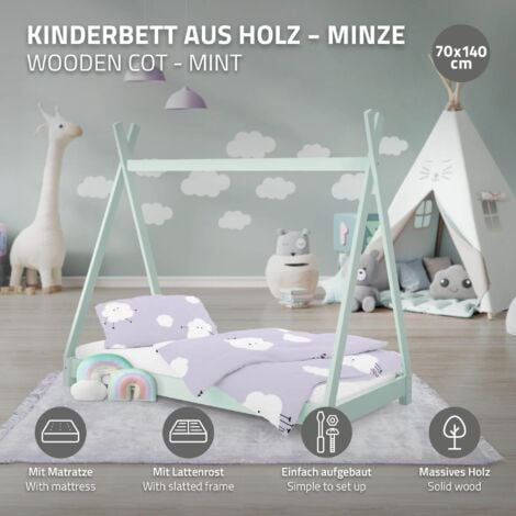 ML-Design Lettino per Bambini a Forma di Tenda Indiana con Rete a Doghe 70  x 140 cm Letto Tipi da Gioco in Legno di Pino Massiccio Menta Stile  Montessori con Materasso Sfoderabile