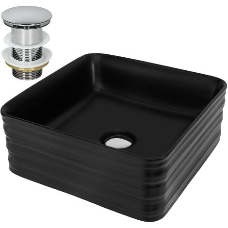 ML-Design Lavabo in Ceramica Nero 39 x 39 x 15 cm Quadrato Lavandino da Appoggio Piletta di Scarico Inclusa Lavello Design Moderno Elegante Sanitari per Bagno Scarico Standard 45 mm (1/5)