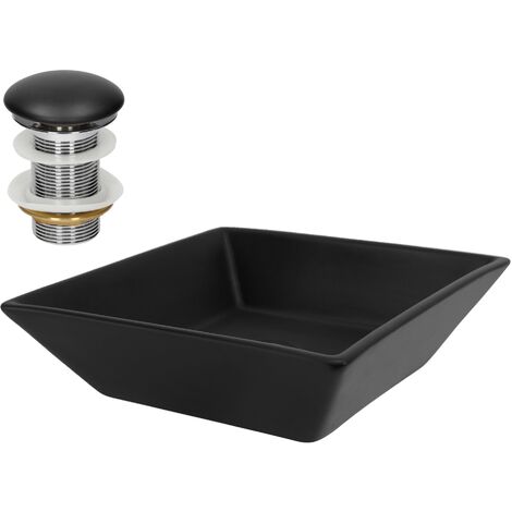 ML-Design Lavabo d'Appoggio in Ceramica Nero Opaco Quadrato 410x410x120 mm Lavandino Design Moderno Minimalista Lavello Lavamani Sanitari Arredo per Bagno Toilette WC Ospiti con Piletta Push-Open (1/5)