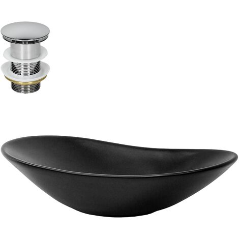 ML-Design Lavabo da Appoggio Nero Opaco 63 x 36 x 15,5 cm Ovale con Set di Scarico in Ottone Cromato Valvola Drenaggio Lavello Sanitari da Bagno Lavandino Design Moderno Piletta Pop-Up (1/5)