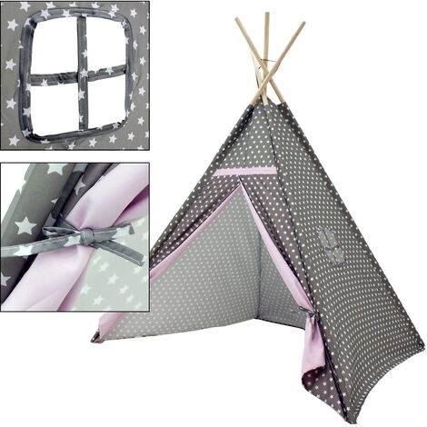 ECD Germany Tenda per Bambini Gioco Indiani Teepee - 115 x 115 x 160 cm -  in Poliestere - Casetta Portatile Giocattolo Grigio con Stampa a Stelle  Bianche da Interno Esterno con Borsa per Trasporto