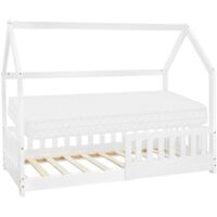 ML-Design Letto a Casetta per Bambini 80 x 160 cm Bianco, in Legno Massello, Struttura con Protezione Anticaduta, Lettino a Terra Montessori con Materasso Sfoderabile in Schiuma Fredda per Cameretta
