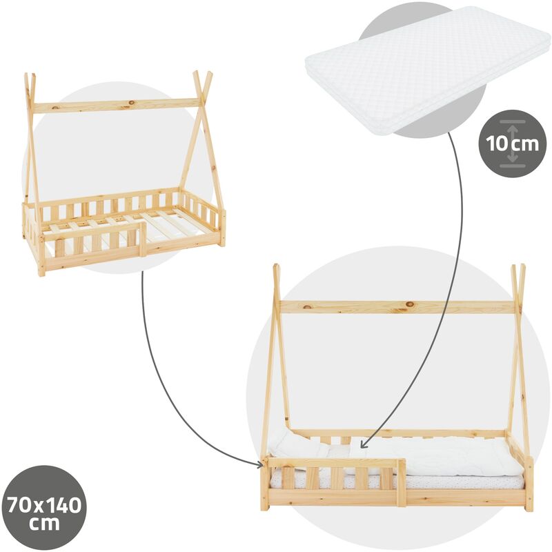 Cama para niños Knätten En diseño de Casa con Somier madera pino 70 x 140  cm Natural [en.casa]