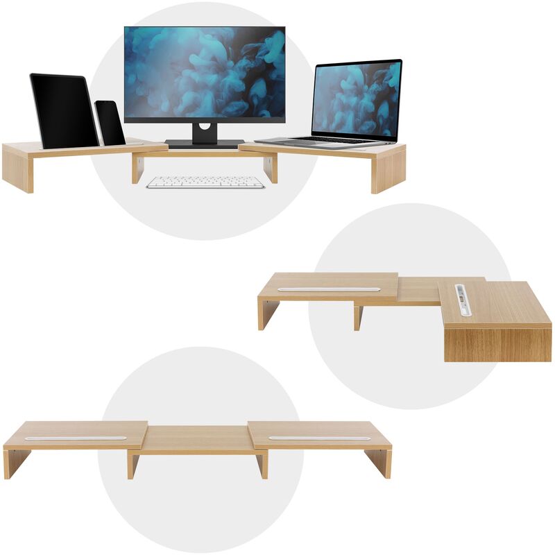  Soporte elevador de escritorio para monitor doble, soporte de  computadora para monitor de escritorio, estante de escritorio para monitor,  soporte de monitor de madera con longitud y ángulo ajustables, : Electrónica