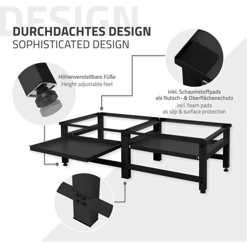 ML-Design Juego de 2x Pedestales para Lavadora o Secadora Negro 128 x 54 x  32 cm de Acero, Capacidad hasta 150kg Soporte Alto Base Estable y Robusta  Bastidor Universal con Balda de Almacenamiento